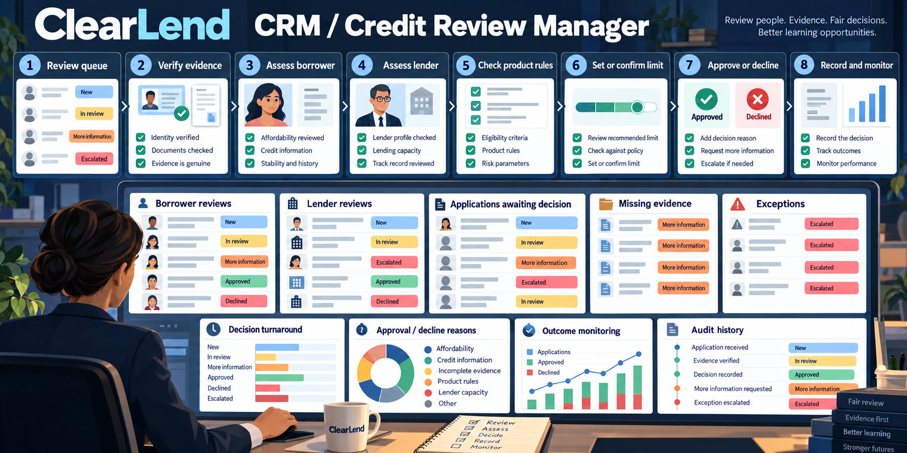 ClearLend CRM and credit review manager workflow showing borrower and lender reviews, evidence checks, credit limit decisions, applications, exceptions, outcome monitoring and audit history