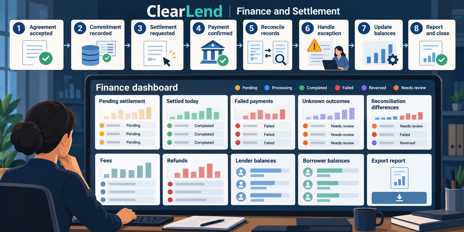 ClearLend finance and settlement workflow showing commitments, settlement, payment confirmation, reconciliation, exceptions, balances and reports