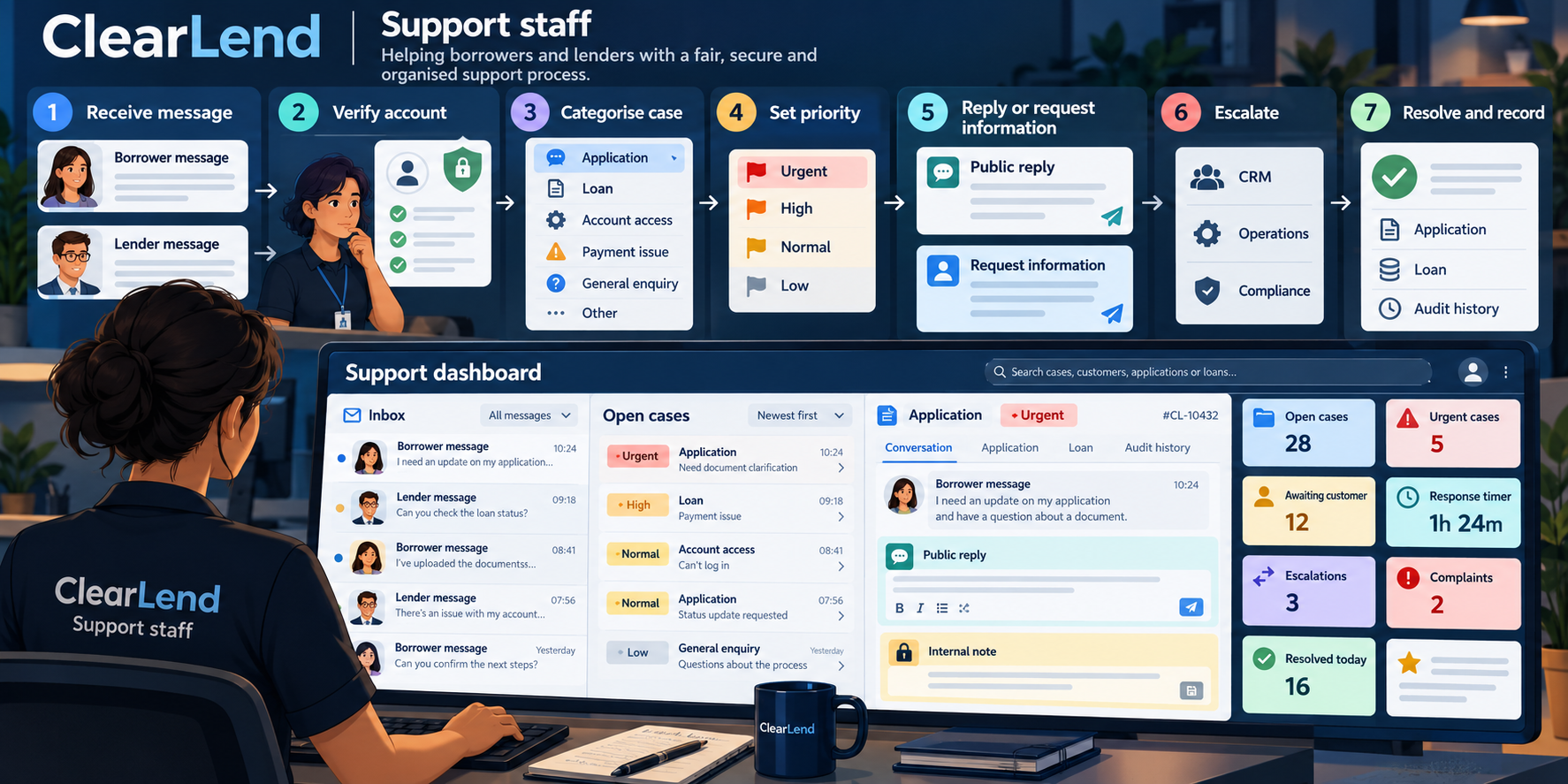 ClearLend support staff workflow showing borrower and lender messages, account verification, case categories, priorities, public replies, internal notes, escalation and support dashboard